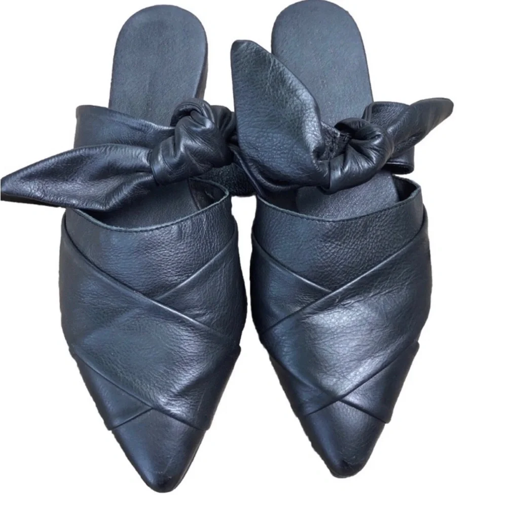 Anthropologie Black Leather Mules with Bow. Size 38. - Picture 1 of 7